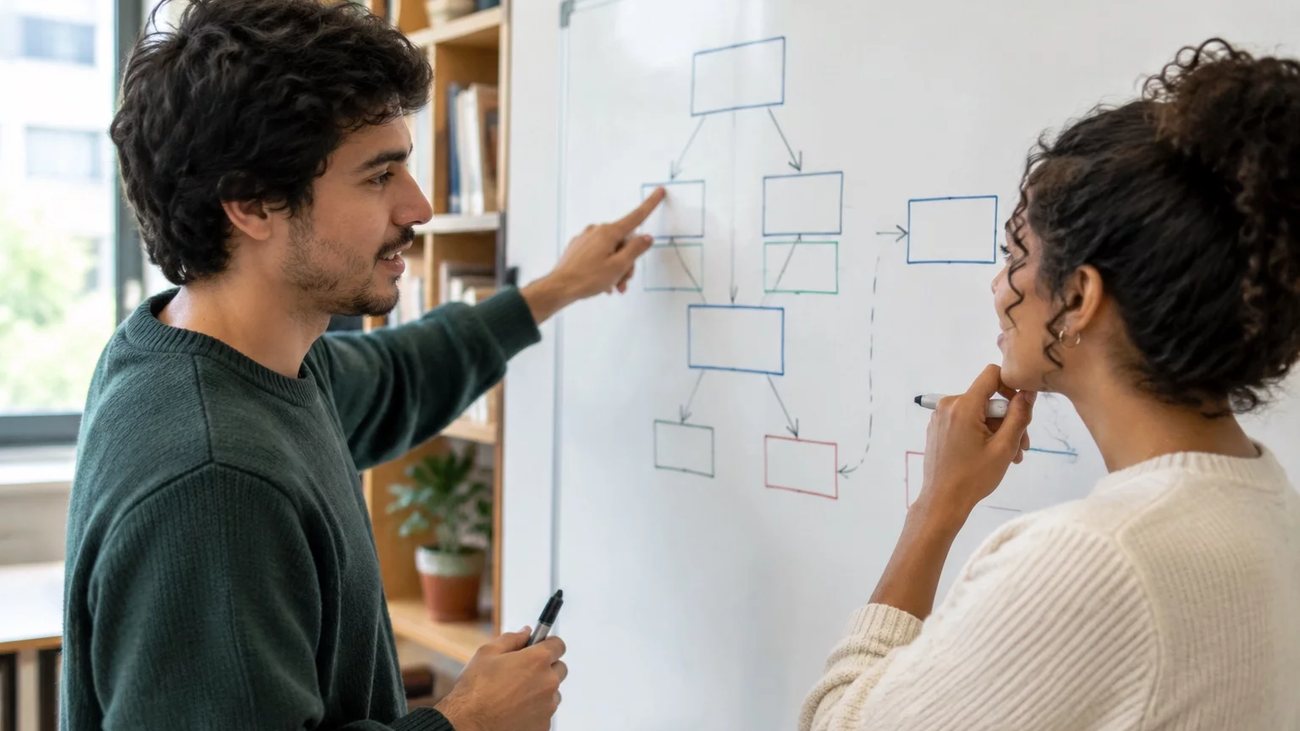 Duas participantes de pé diante do quadro branco, montando um argumento a caneta